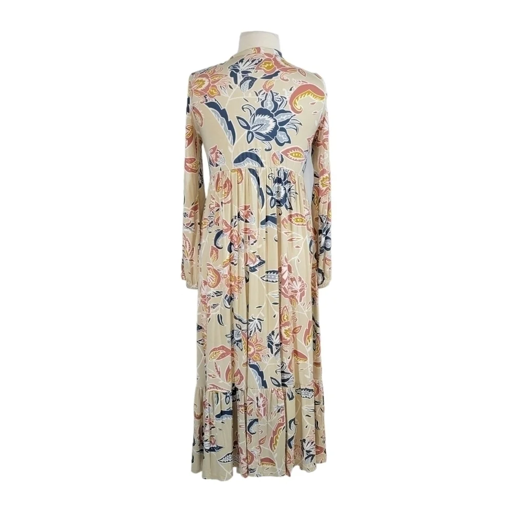 Rachel Pally Tropical Floral Print Beige Jersey Knit Maxi Dress